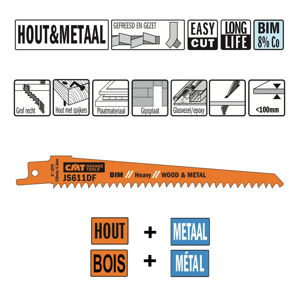 [JS611DF-5] CMT Orange Tools JS611DF-5 und JS711DF-5 BIM-Säbelsägeblätter, 150 mm, 6 TPI (H 19 | Schräges Sägeblatt | 5er-Pack | Art. JS611DF-5)