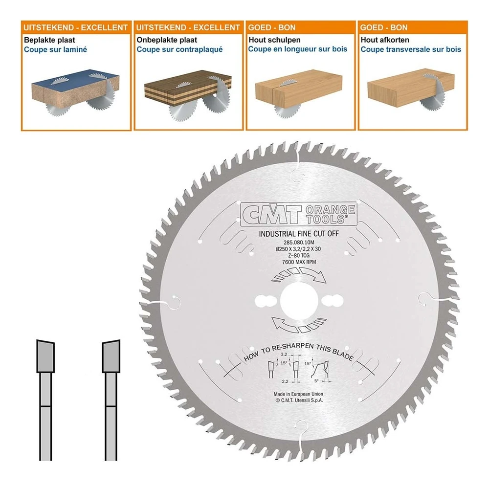 [285.080.10M] CMT Orange Tools 285.FF industrielle Kreissägeblätter für Feinschnitt (D 250 | d 250 | B 30 | K 3,2 | Z 80 | 15° ATB | Art. 285.080.10M)