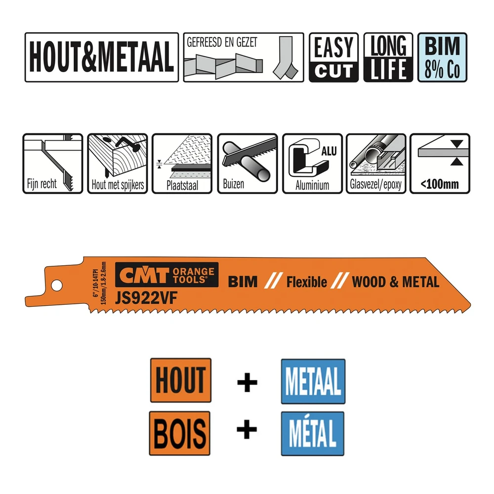 CMT Orange Tools JS922VF-5 BIM-reciprozaagbladen voor hout met spijkers, 10-14 TPI, L150 mm