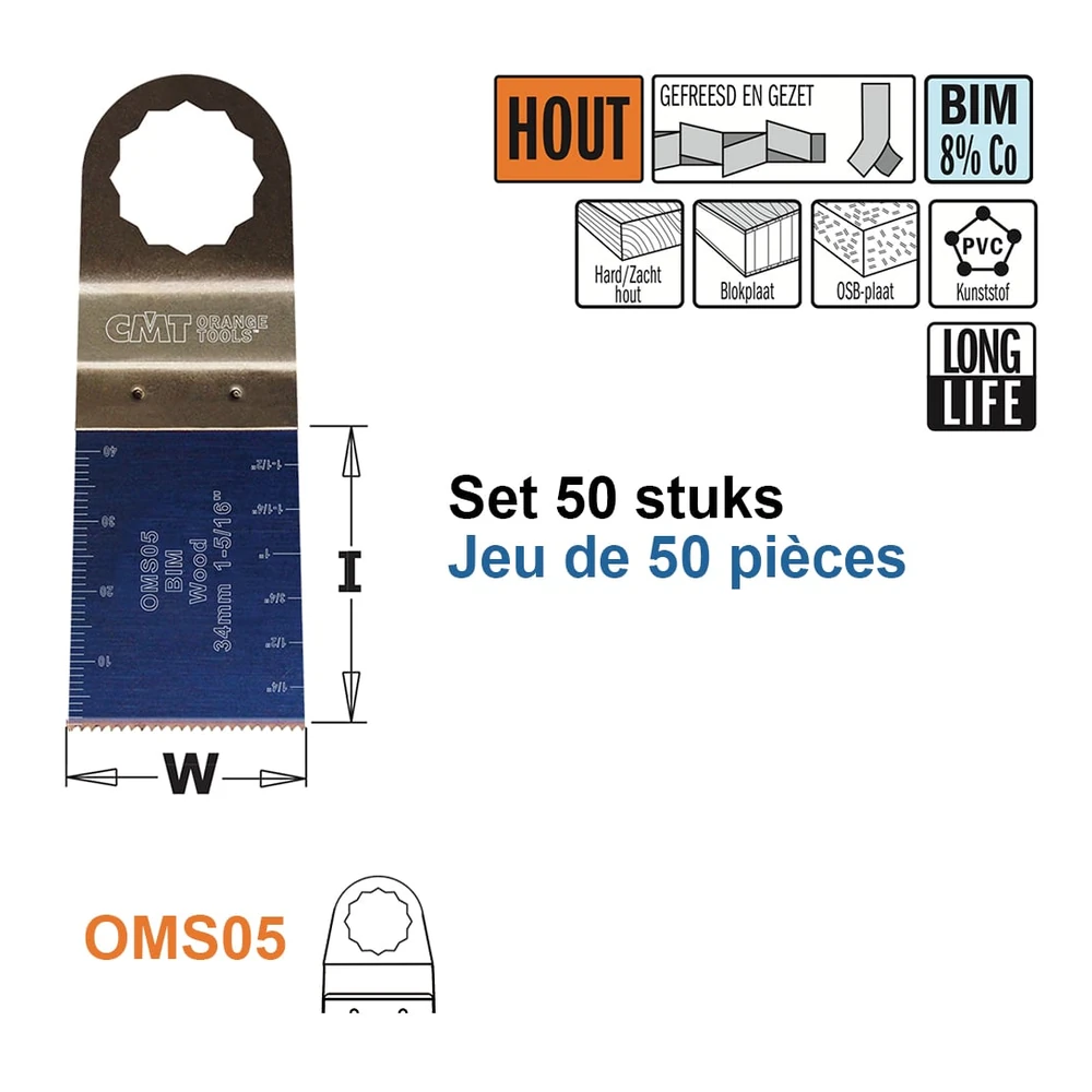 [OMS05-X50] CMT Orange Tools OMS05-X50 lames multitool BIM pour bois et plastique, 50 pièces