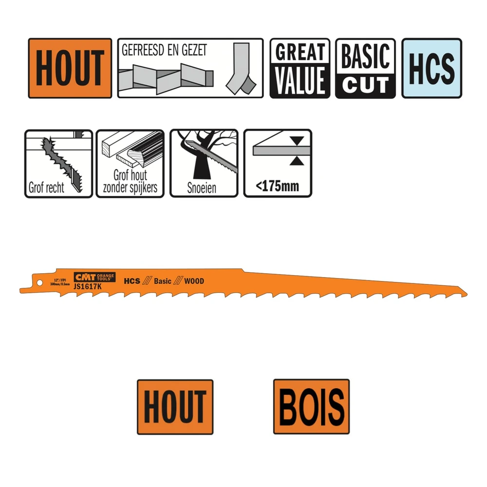 CMT Orange Tools JS1617K-5 HCS-reciprozaagbladen voor grof hout en snoeiwerk
