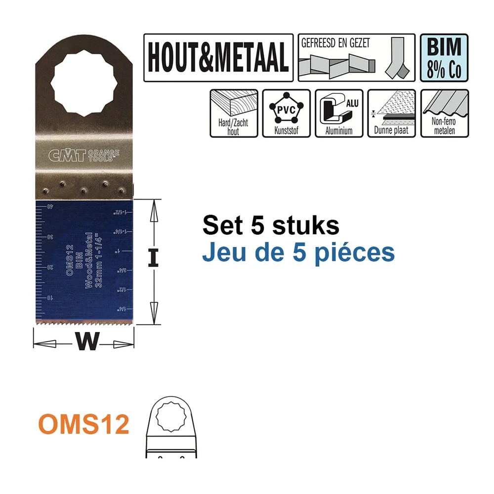 [OMS12-X5] CMT OMS12/OMS13 lames multitool BIM pour SuperCut, 32 mm (W 32 | BIM | 5 | Gefreesd en gezet | Réf. OMS12-X5)